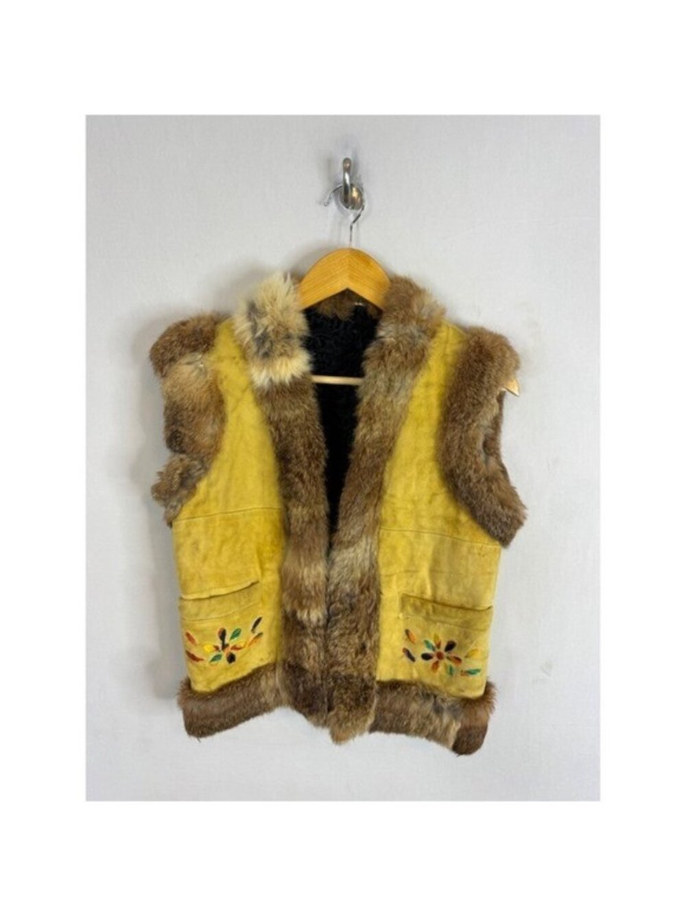 Vintage Yellow Suede Vest Real Fur Trim Curly Lamb Lining Embroidered Boho